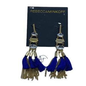 Rebecca Minkoff Gold Tone & Blue Dangly Tassel Earrings